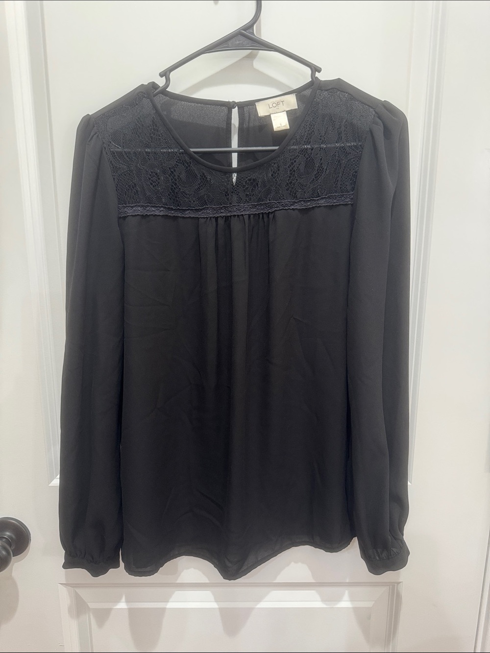 LOFT Black Lace Yoke Long Sleeve Top